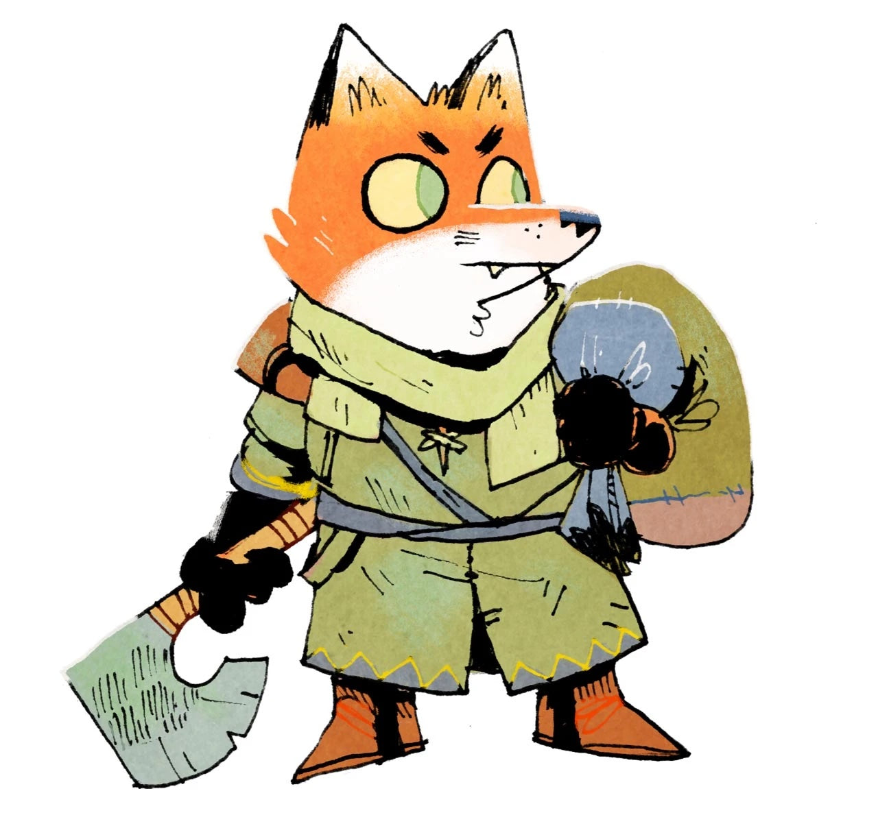 A fox adventurer from Root carrying a pack and axe